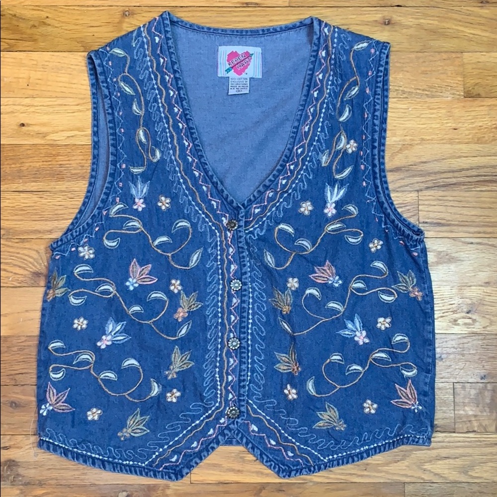 KEREN HART Vintage BLUE JEAN EMBROIDERED VEST